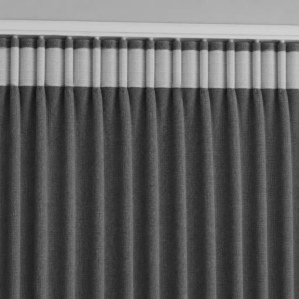 Close-up of Celeste Smoke blockout taped curtain fabric by Silk House for Linen & Co
