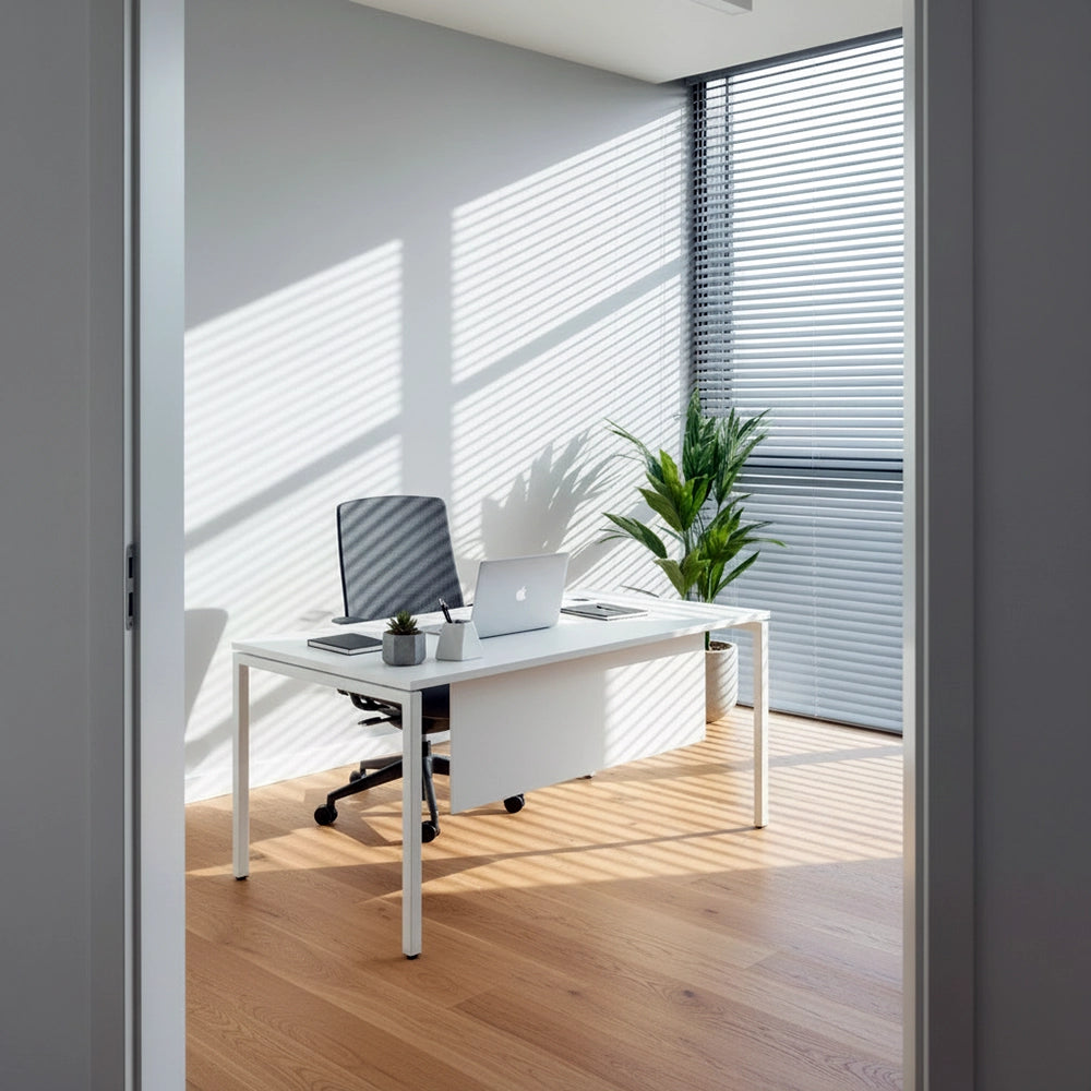  Modern office with silver aluminium blinds by Linen and Co, featuring hospitality-grade window treatments and bright natural light