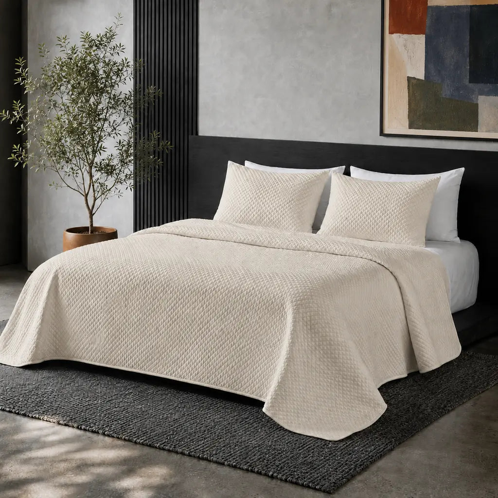 Simon Baker Stonewashed Microfibre Quilted Bedspread Set in Natural