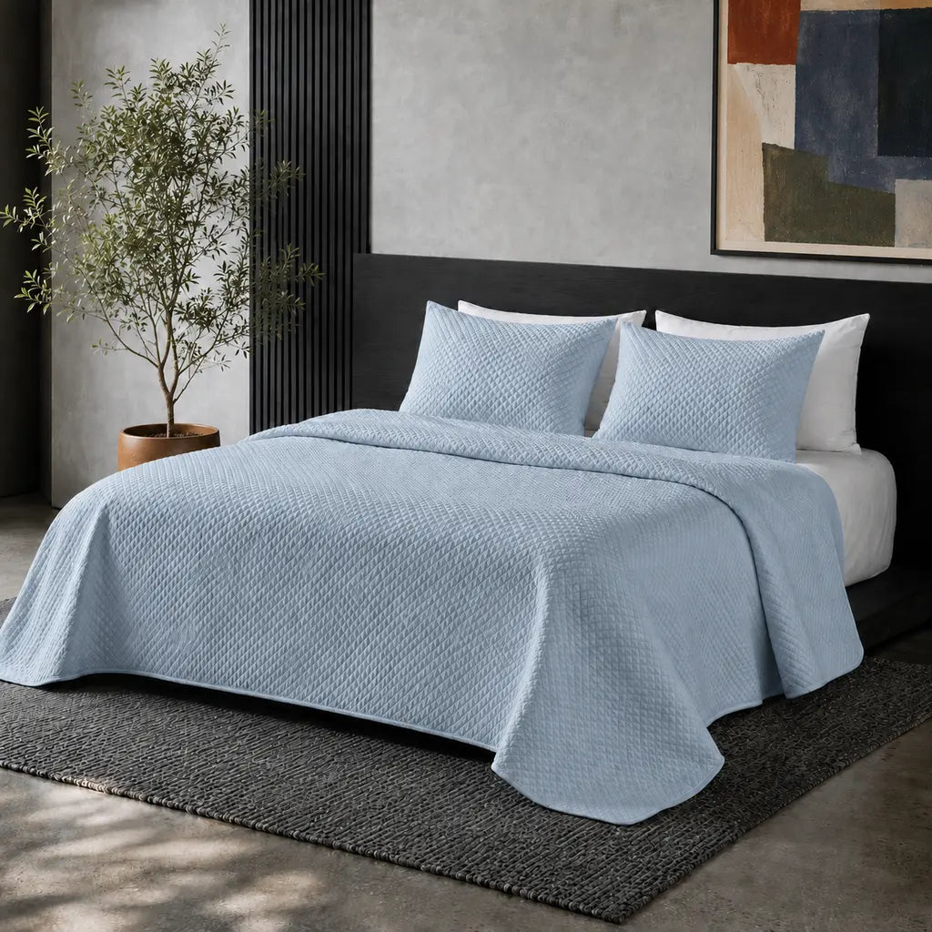 Simon Baker Stonewashed Microfibre Quilted Bedspread Set in Ocean Blue