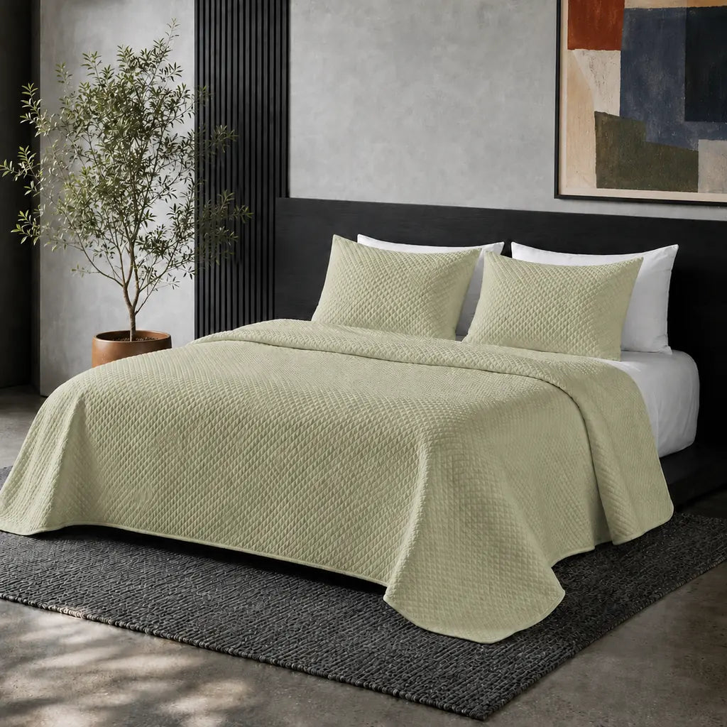 Simon Baker Stonewashed Microfibre Quilted Bedspread Set in Pistachio