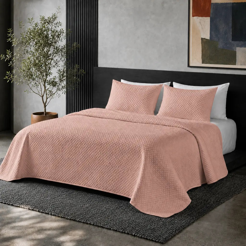 Simon Baker Stonewashed Microfibre Quilted Bedspread Set in Rosewood