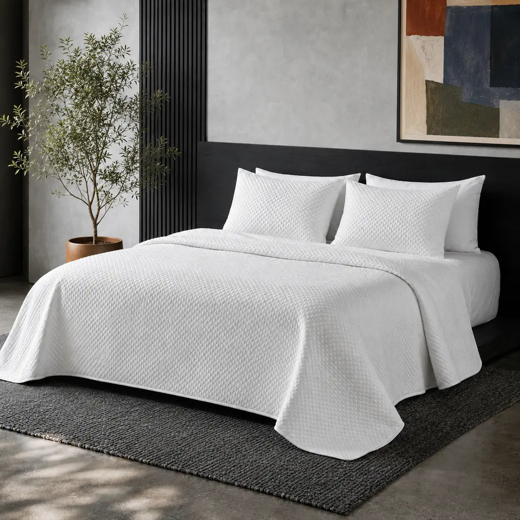 Simon Baker Stonewashed Microfibre Quilted Bedspread Set in White