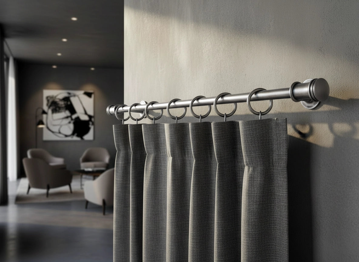 Stainless steel curtain rods with grey curtains in a modern interior, designed for durability and style by Linen and Co
