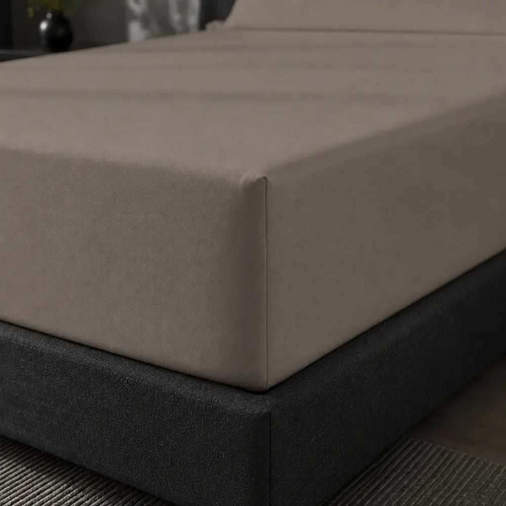 Stone Cotton Percale 200TC Fitted Sheets fitted mattress corner detail - Linen and Co
