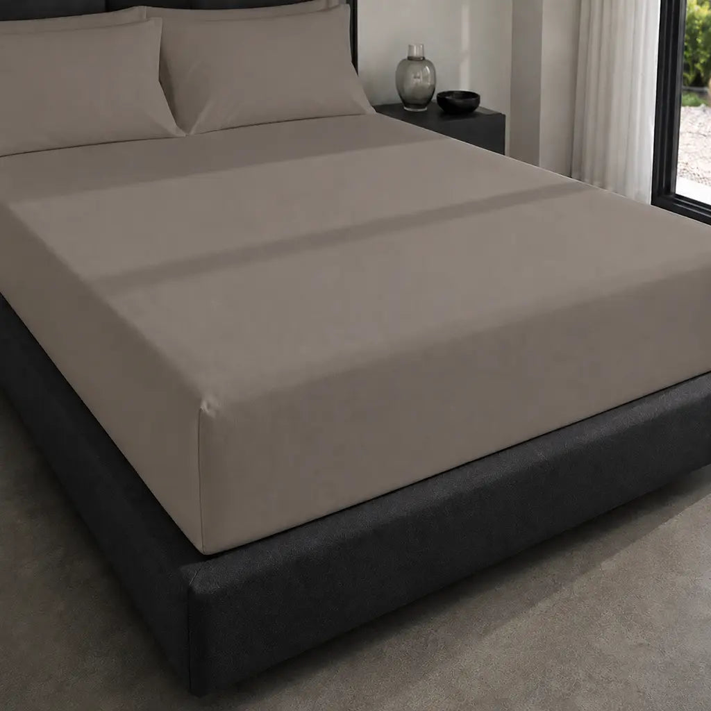 Stone Cotton Percale 200TC Fitted Sheets on mattress - Linen and Co
