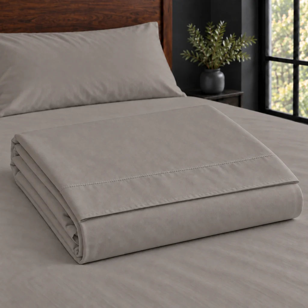 stone cotton percale 200tc flat sheet, plain no satin stitch — construction — Linen and Co