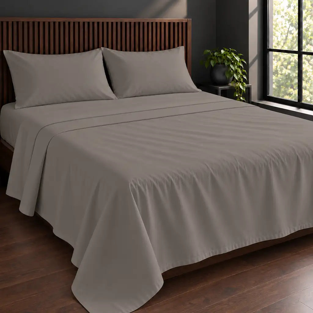 stone cotton percale 200tc flat sheet, one row grey satin stitch — hero — Linen and Co