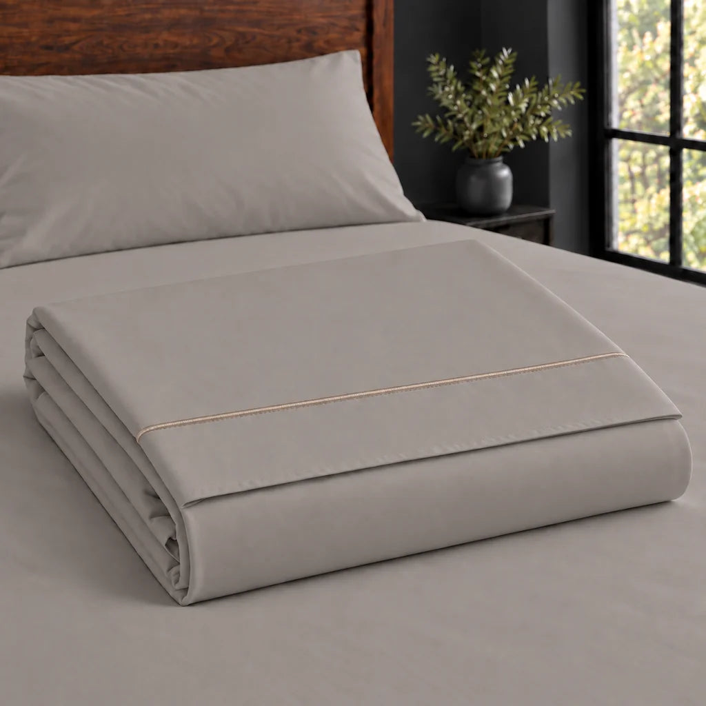 stone cotton percale 200tc flat sheet, one row stone satin stitch — construction — Linen and Co