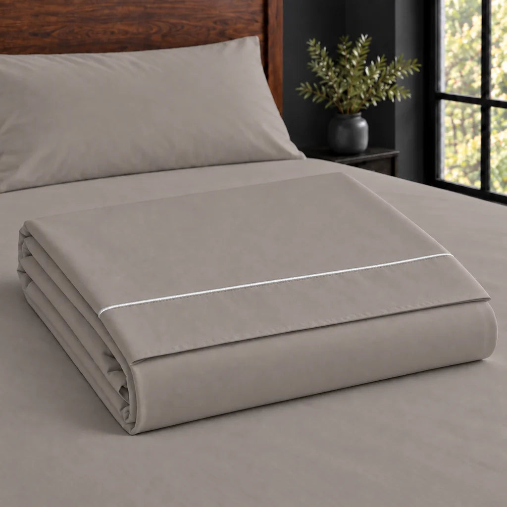 stone cotton percale 200tc flat sheet, one row white satin stitch — construction — Linen and Co