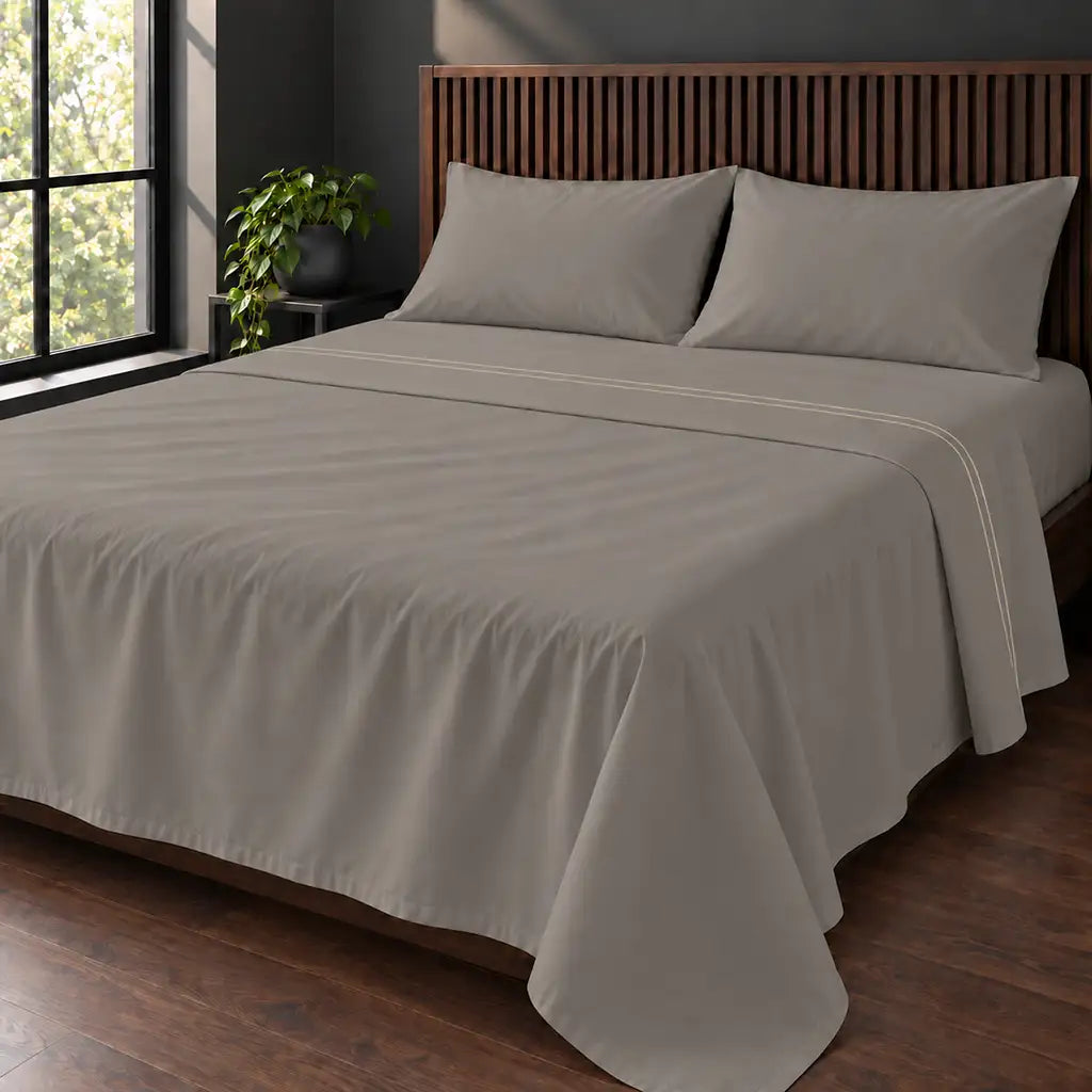 stone cotton percale 200tc flat sheet, two row cream satin stitch — hero — Linen and Co
