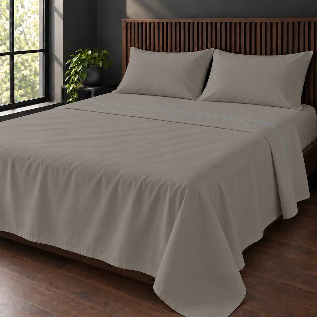 stone cotton percale 200tc flat sheet, two row duck egg satin stitch — hero — Linen and Co