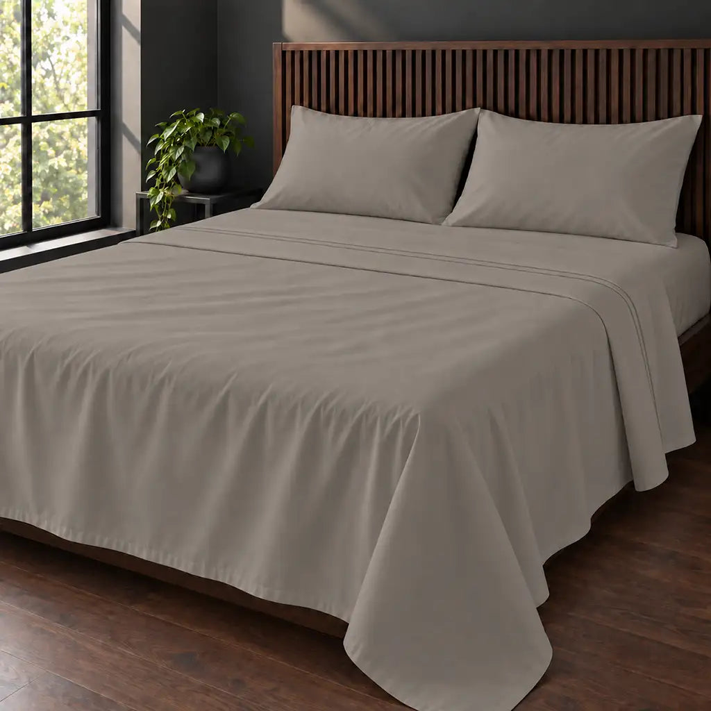stone cotton percale 200tc flat sheet, two row grey satin stitch — hero — Linen and Co