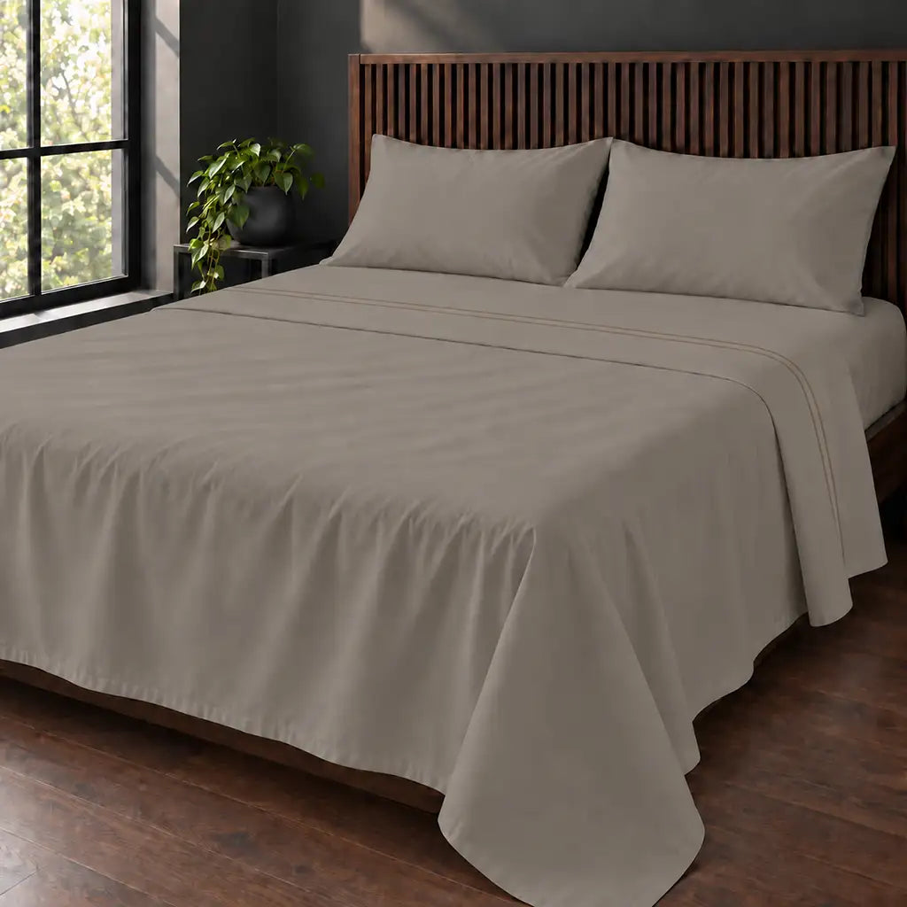 stone cotton percale 200tc flat sheet, two row stone satin stitch — hero — Linen and Co