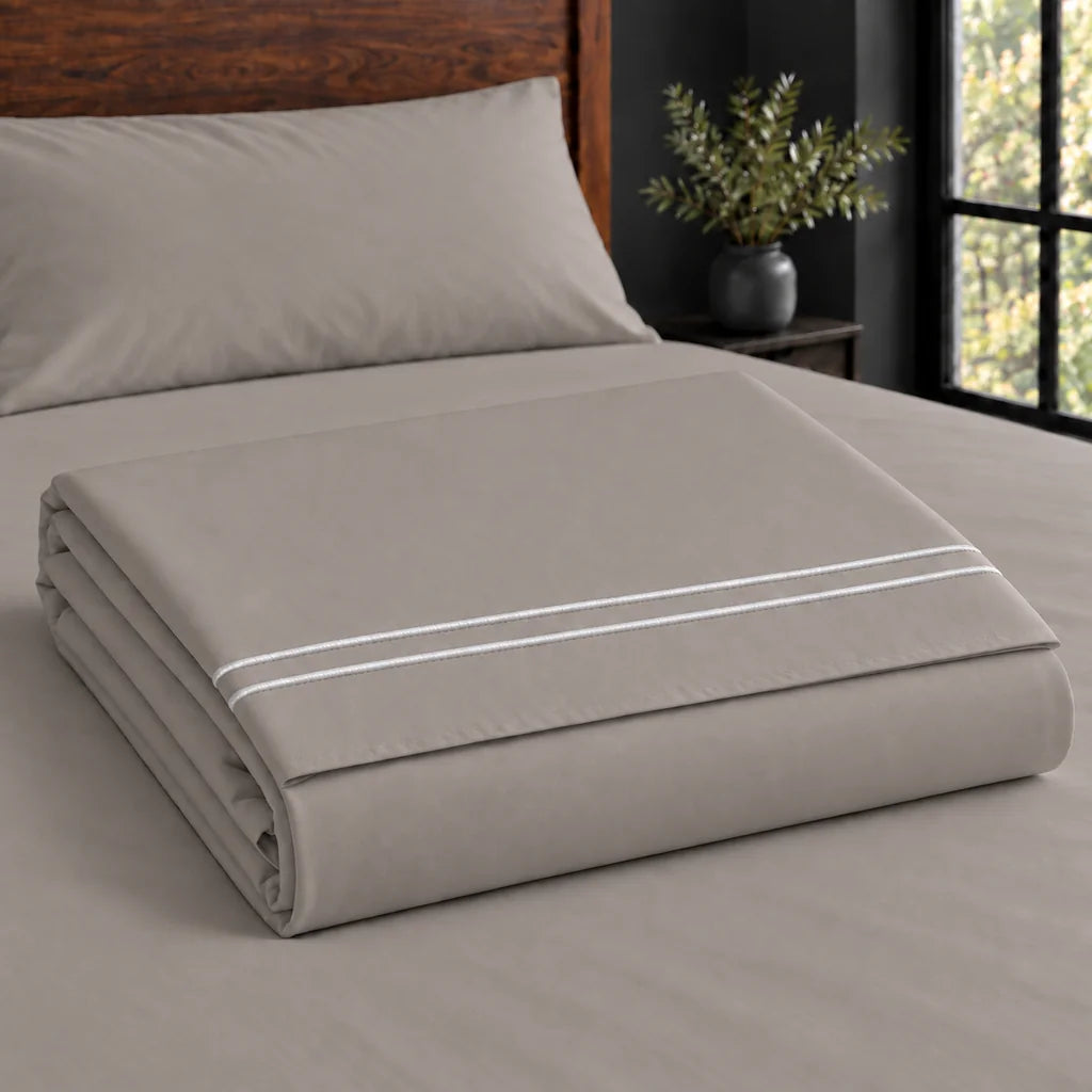 stone cotton percale 200tc flat sheet, two row white satin stitch — construction — Linen and Co