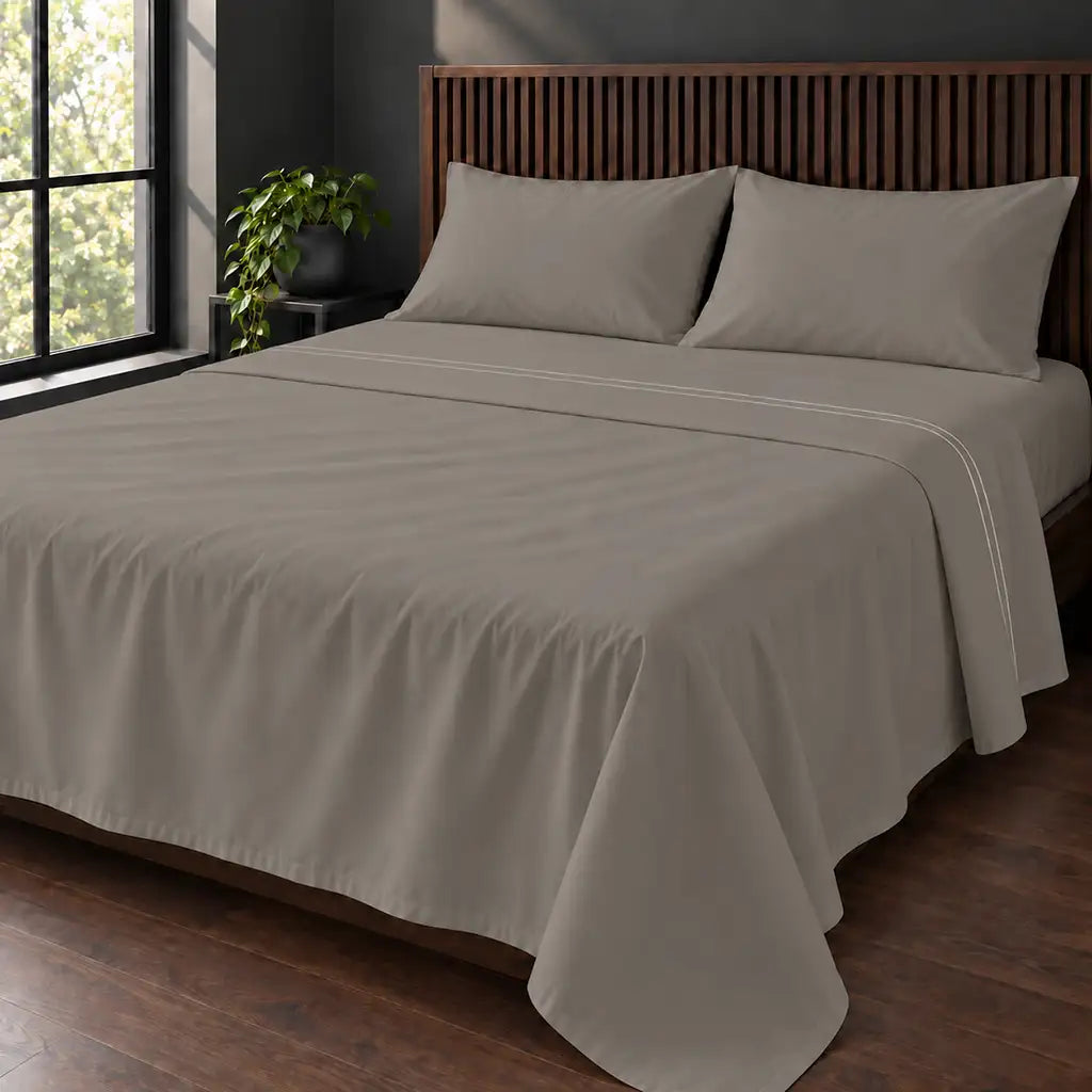 stone cotton percale 200tc flat sheet, two row white satin stitch — hero — Linen and Co
