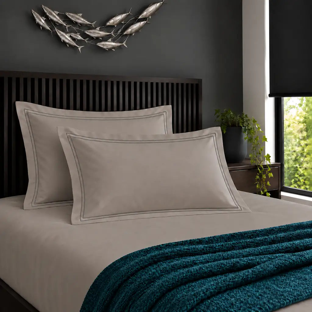 Oxford stone 200TC cotton percale pillowcases with two row grey satin stitch border by Linen and Co