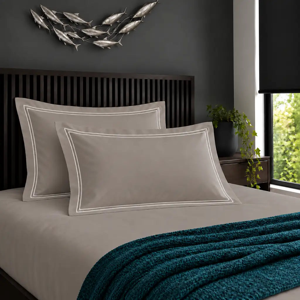 Oxford stone 200TC cotton percale pillowcases with two row white satin stitch border by Linen and Co
