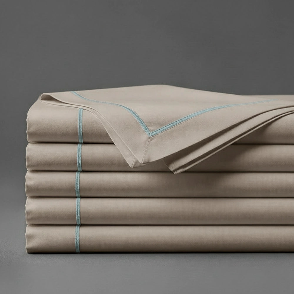 Stone Flat Sheet with Duck Egg Satin Stitch by Linen and Co - premium bed linen