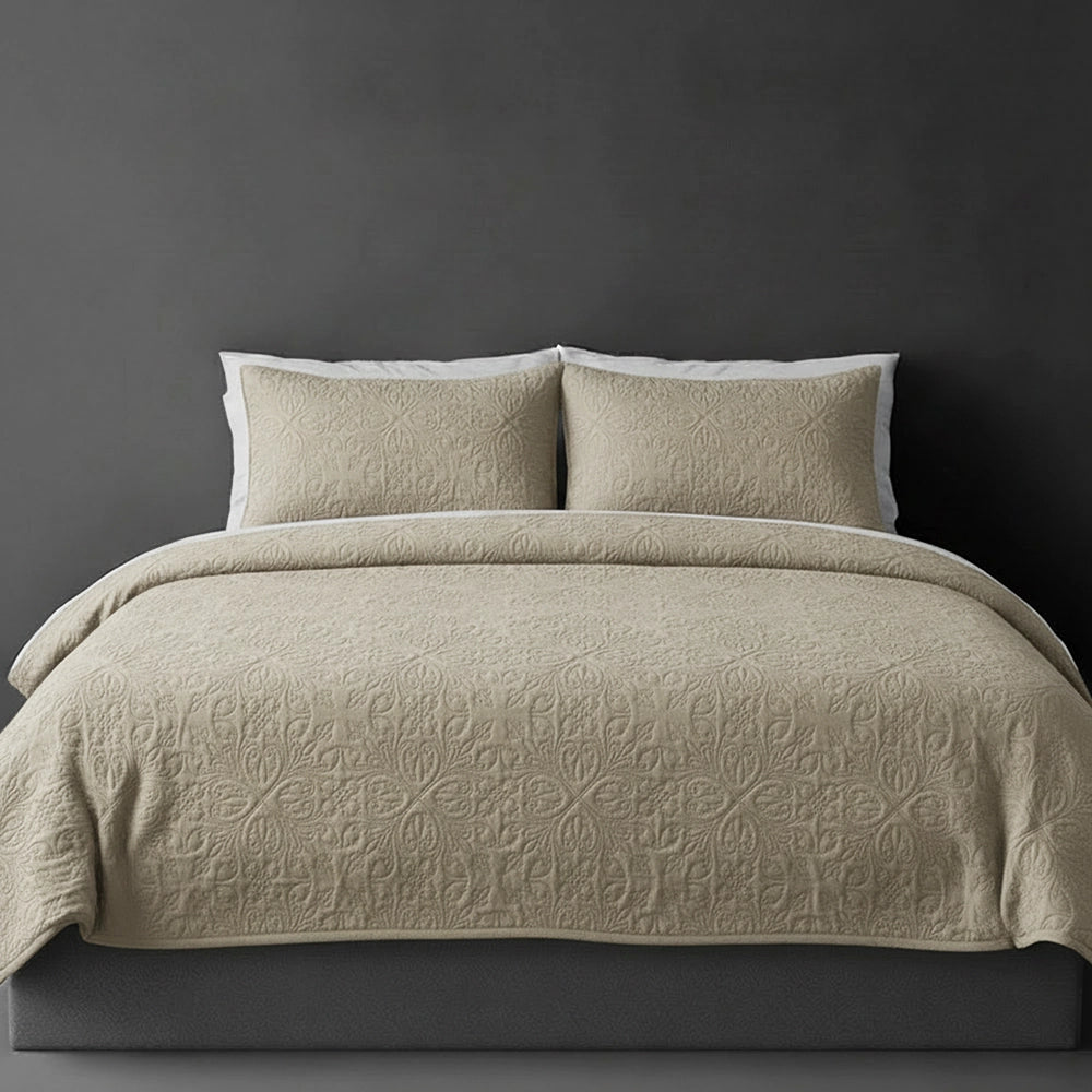 Stone French Velvet bedspread on bed by Linen and Co - luxury hospitality bedspread with textured finish