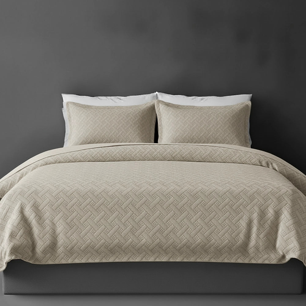 Stone Italian Velvet bedspread on bed by Linen and Co - luxury hospitality bedspread with textured 