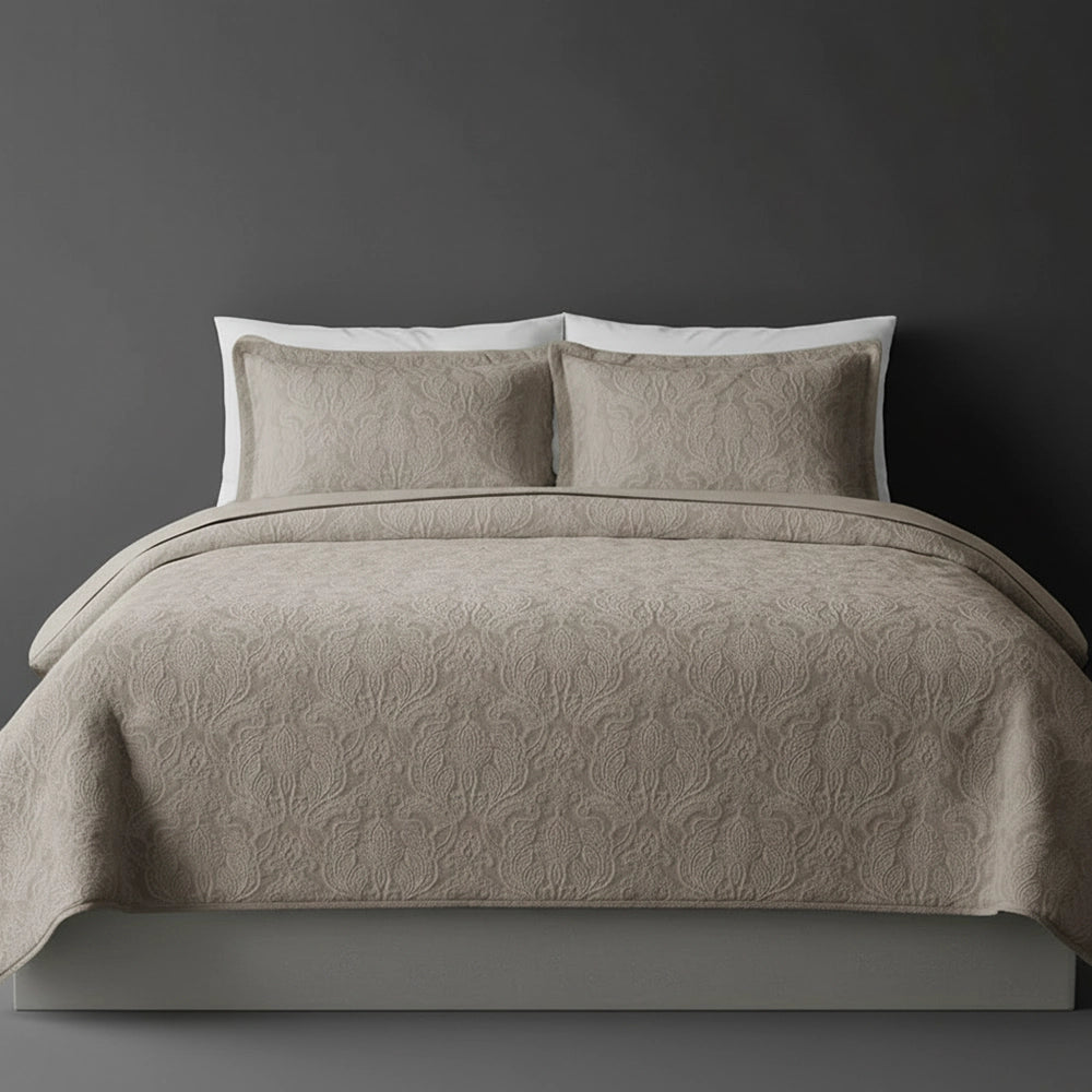 Stone Kensington bedspread on bed by Linen and Co - luxury hospitality bedspread with textured finish