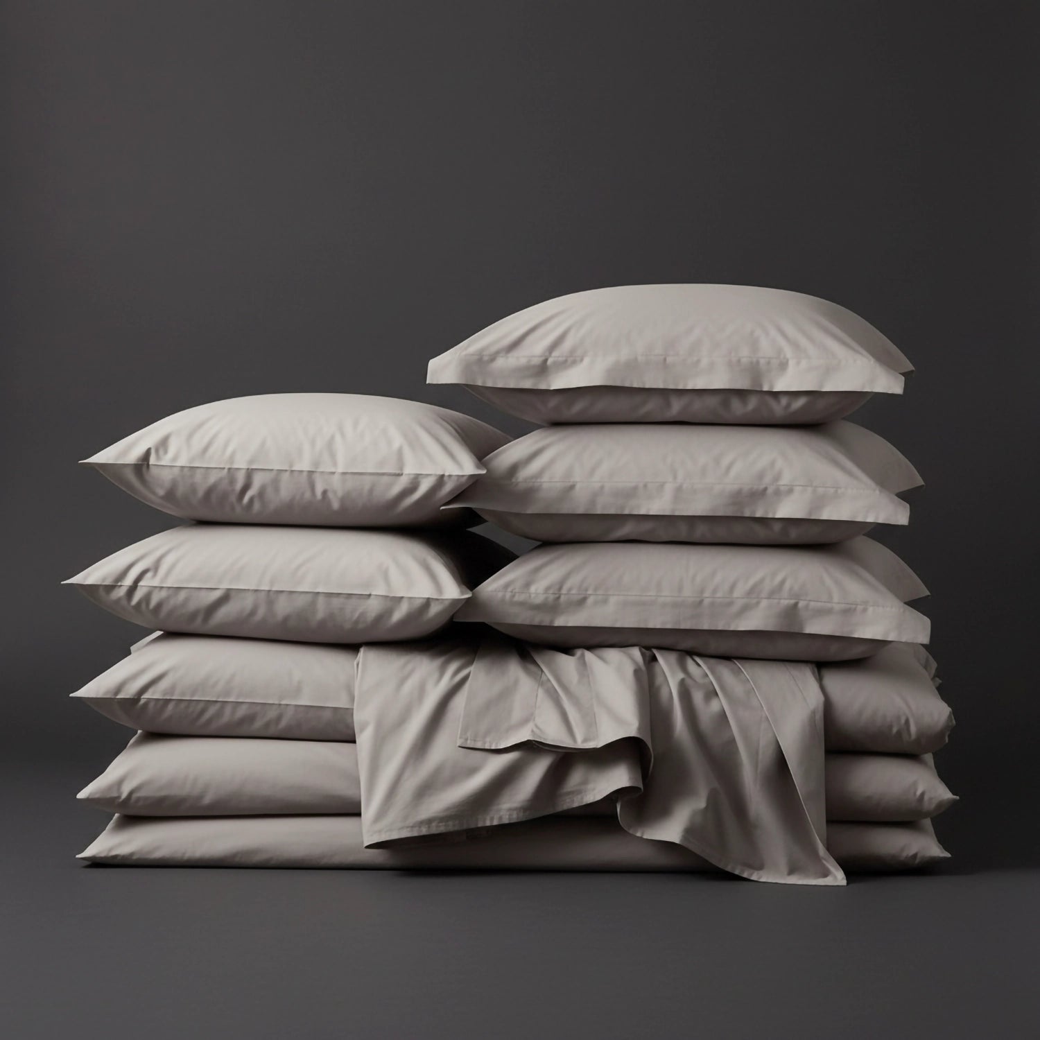 Stone percale bed linen and pillowcases by Linen and Co, stacked to showcase crisp, premium bedding for hospitality and home.