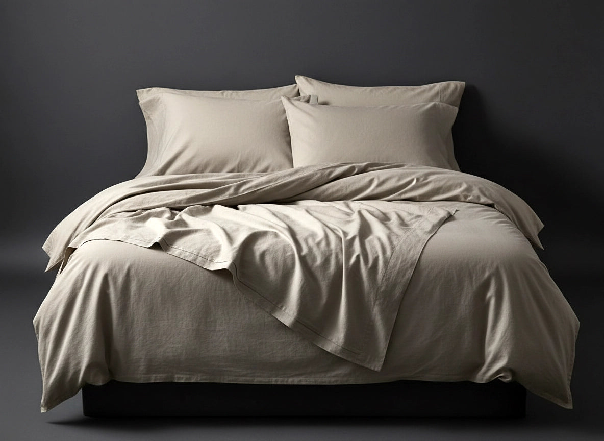 Stone percale bed linen set with pillows and duvet on bed by Linen and Co - luxury hospitality bedding collection