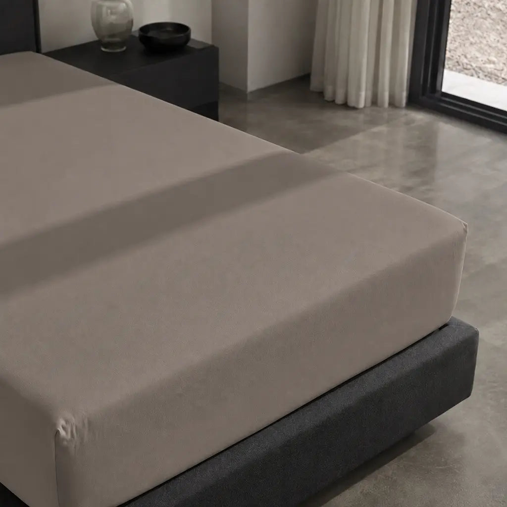 Stone Polycotton Percale 200TC Fitted Sheets fitted mattress corner detail - Linen and Co