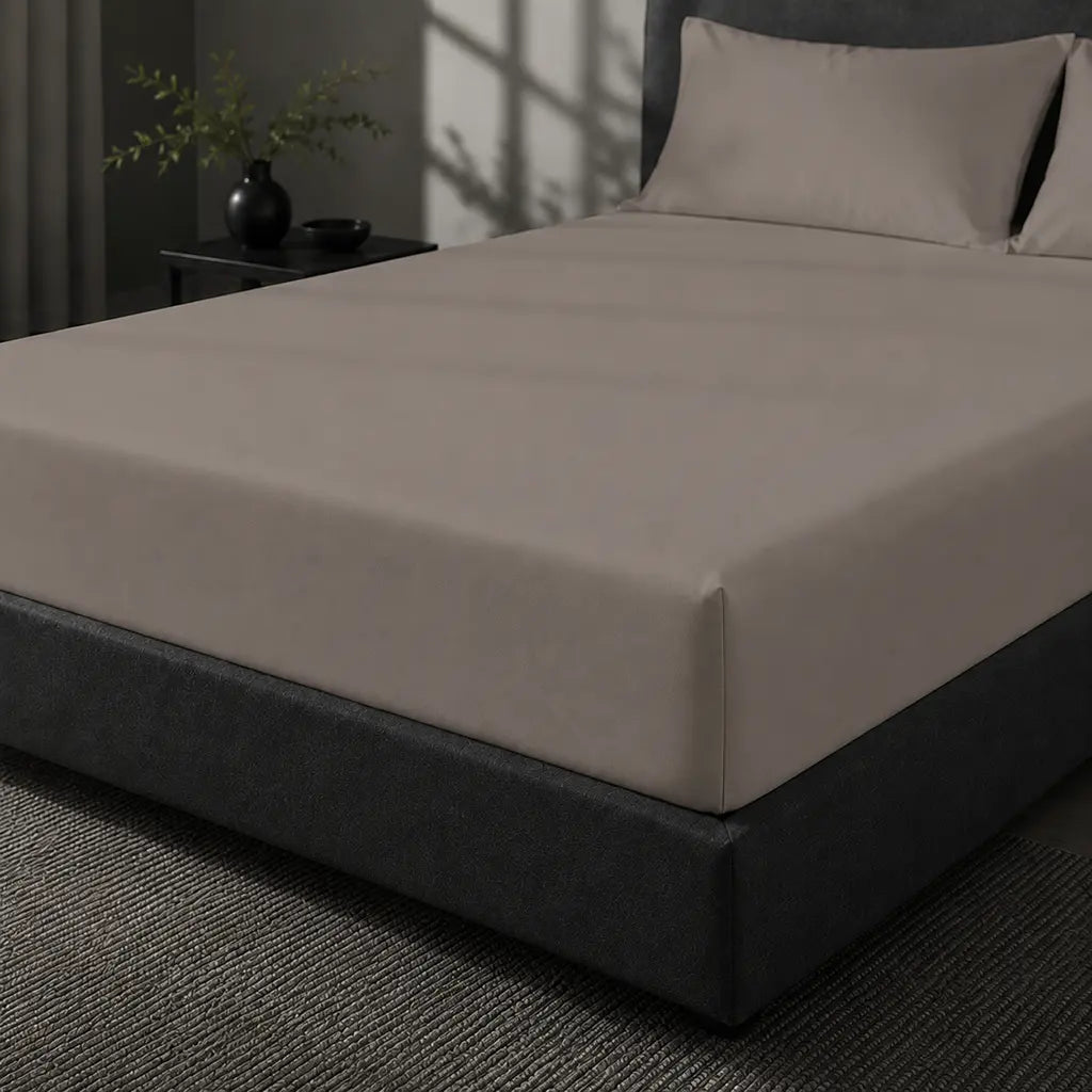 Stone Polycotton Percale 200TC Fitted Sheets on mattress - Linen and Co