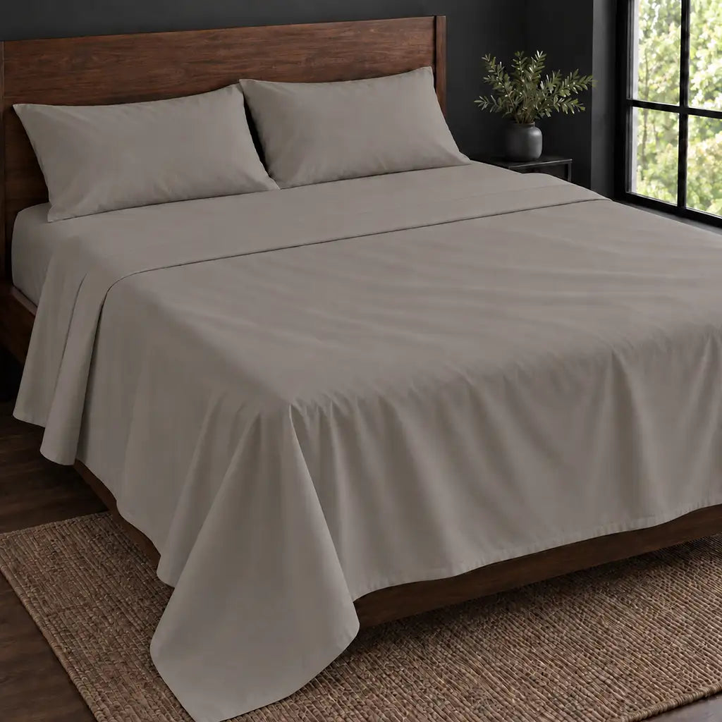 stone polycotton percale 200tc flat sheet, plain no satin stitch — hero — Linen and Co