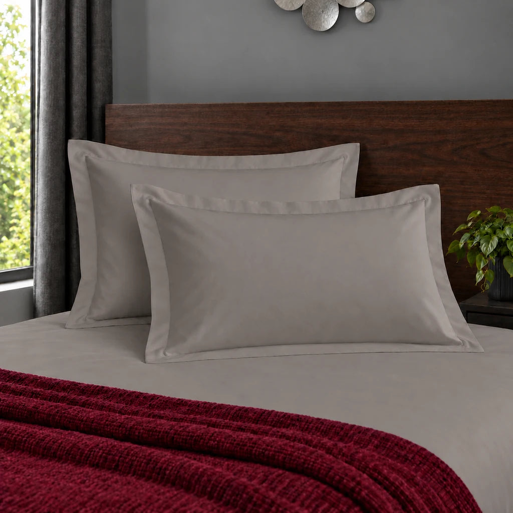 Oxford stone 200TC polycotton percale pillowcases with no satin stitch border by Linen and Co