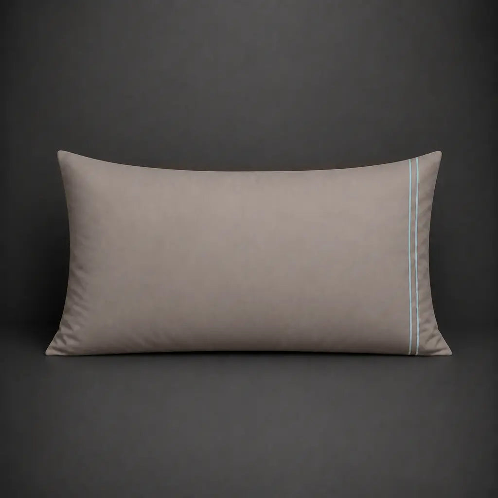 Stone Polycotton Percale 200TC Standard pillowcase with two row of Duck Egg satin stitch.