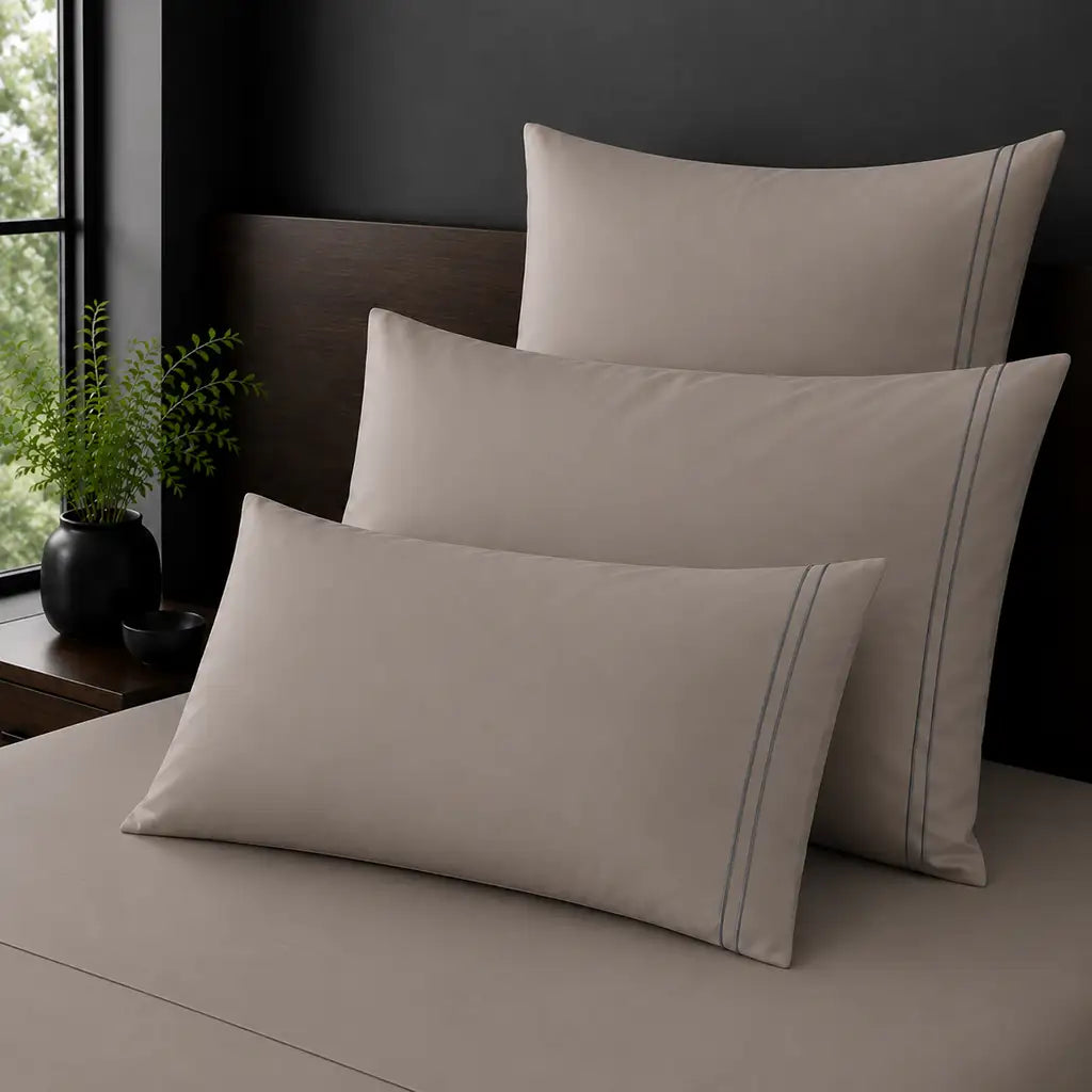 Stone Polycotton Percale 200TC Standard, King and Continental pillowcases on a bed with two row of Grey satin stitch.