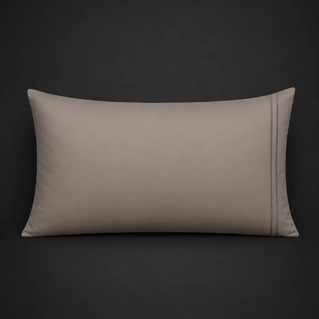 Stone Polycotton Percale 200TC Standard pillowcase with two rows of Grey satin stitching.