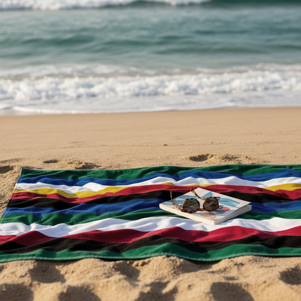 Colourful striped beach towels - luxury resort and beach pool linen by Linen and Co