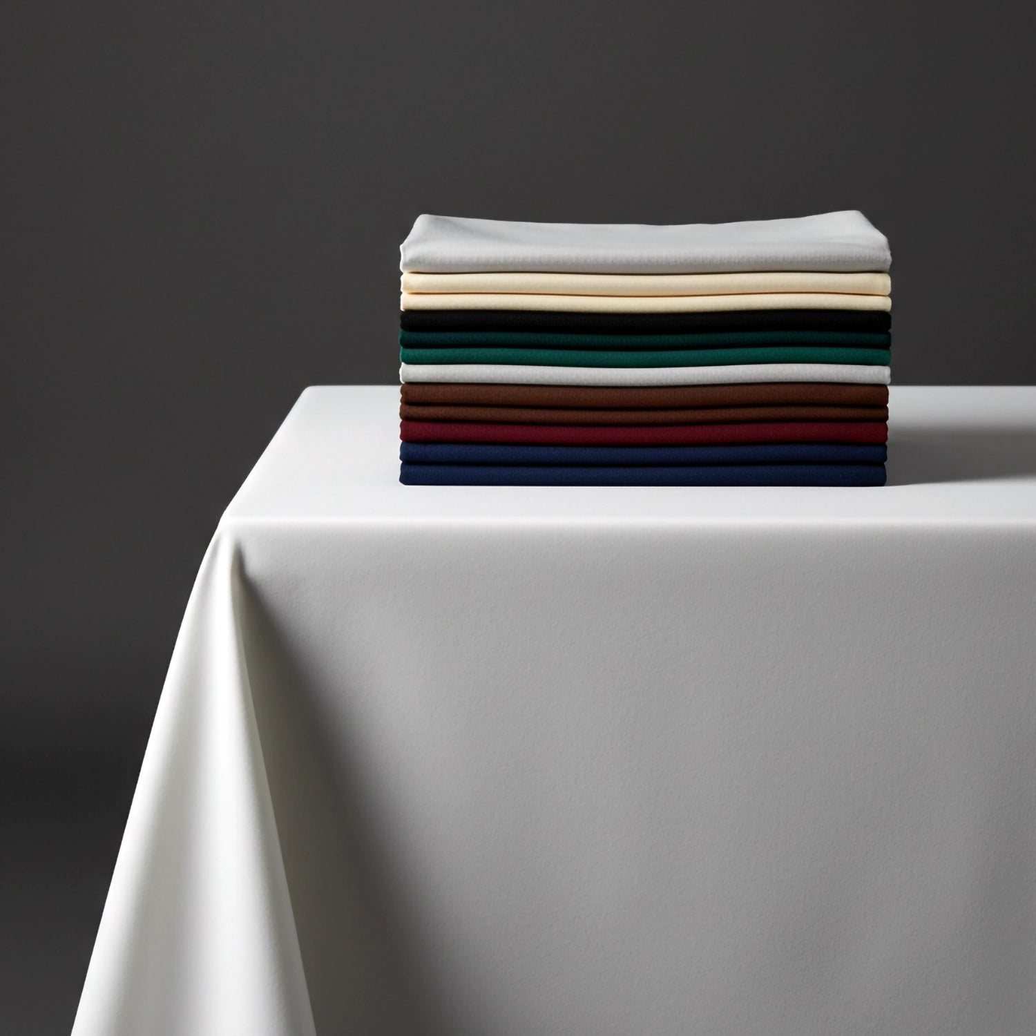 Stack of coloured table linen folded on a crisp white tablecloth by Linen and Co, showcasing premium hospitality table linen colour options.