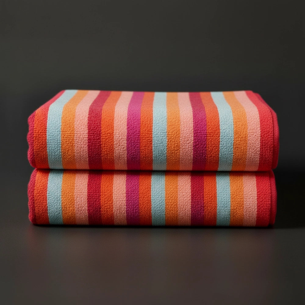 Red Multicolour Velour striped beach towels stacked - premium hospitality pool linen by Linen and Co