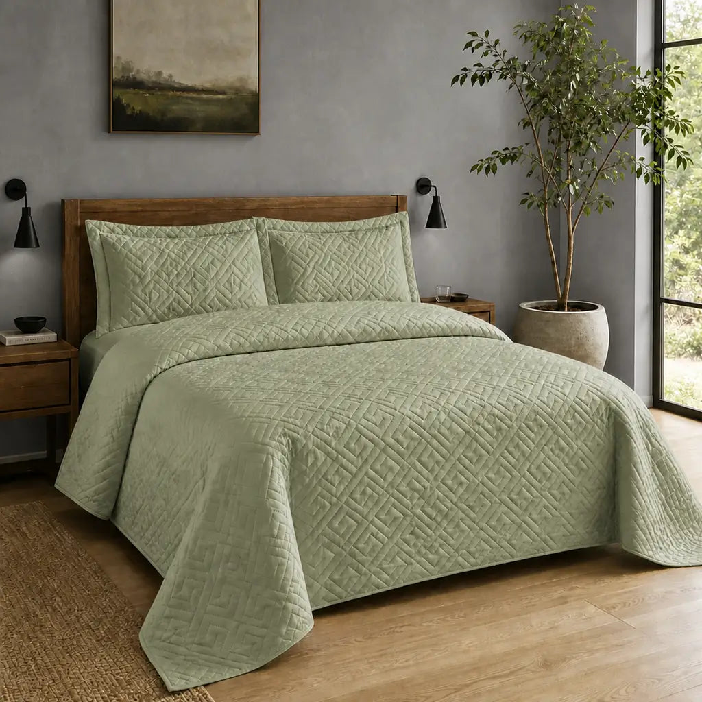 Pistachio Tuscany Quilted Bedspread Set - Hero room view