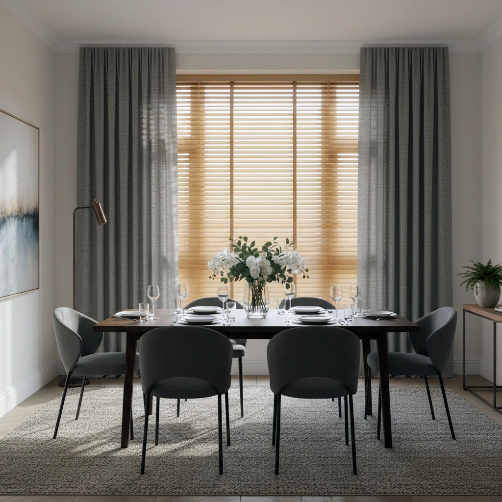 Stylish dining room with venetian blinds and taped curtains by Linen and Co, featuring luxury hospitality window treatments and elegant decor