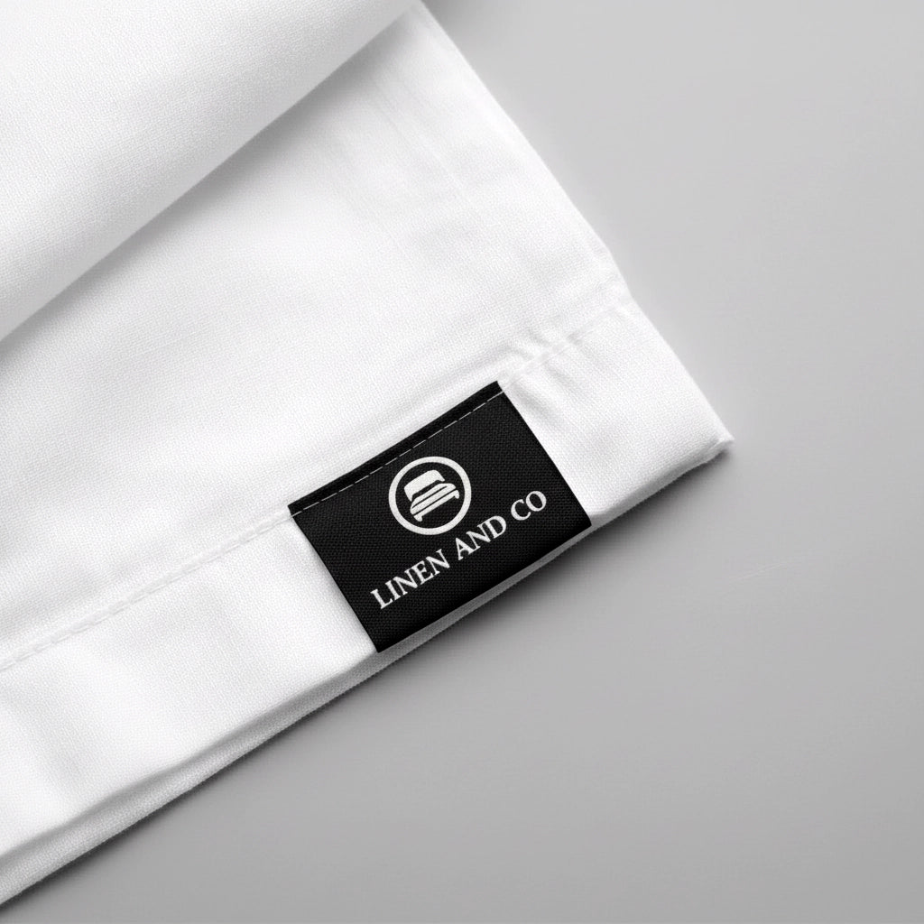 White bed linen with a black Linen and Co custom label