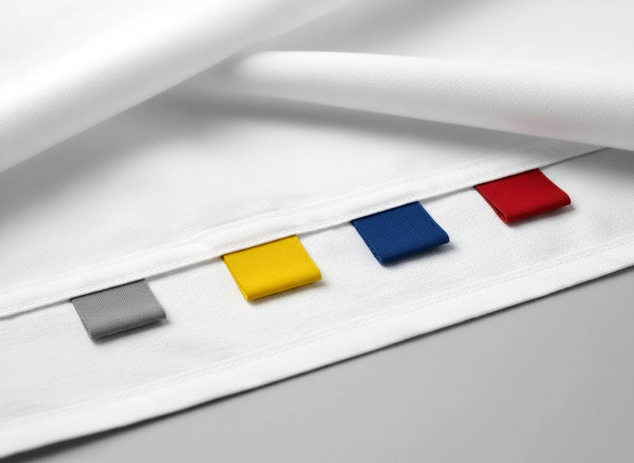 Premium white cotton bedding with colour-coded ribbon labels sewn into inside bottom hem showing multiple colour identification options for organisation and quick sorting
