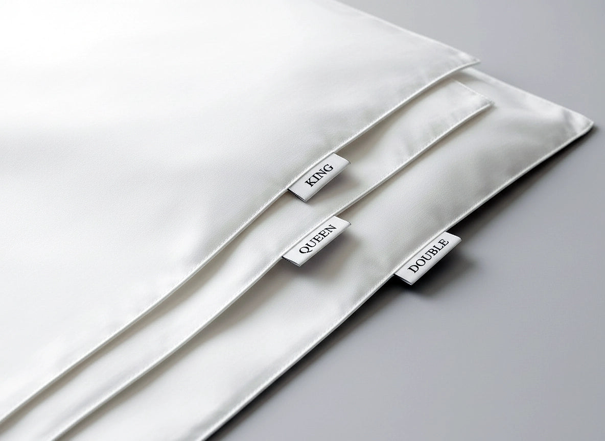 Premium white cotton bedding with multiple stacked woven size labels displaying "King", "Queen", and "Double" in black text sewn into seams, showing size identification variety and precise stitching detail