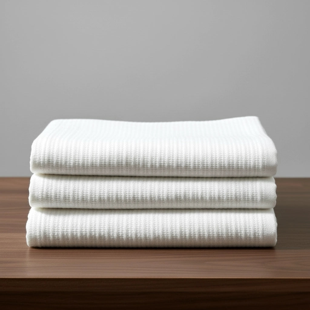 White cotton cellular blanket by Linen and Co, neatly folded to showcase breathable cellular knit texture for hospitality and home.
