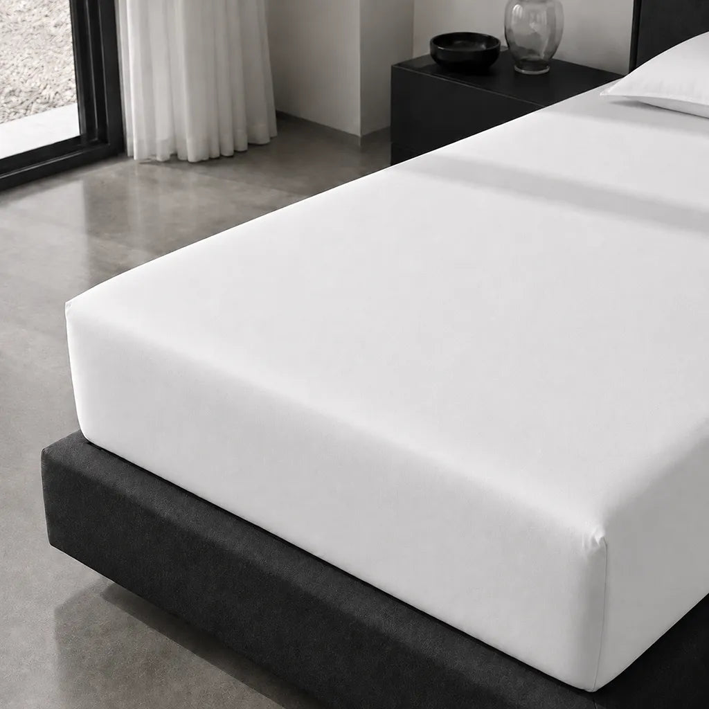 White Cotton Percale 200TC Fitted Sheets fitted mattress corner detail - Linen and Co