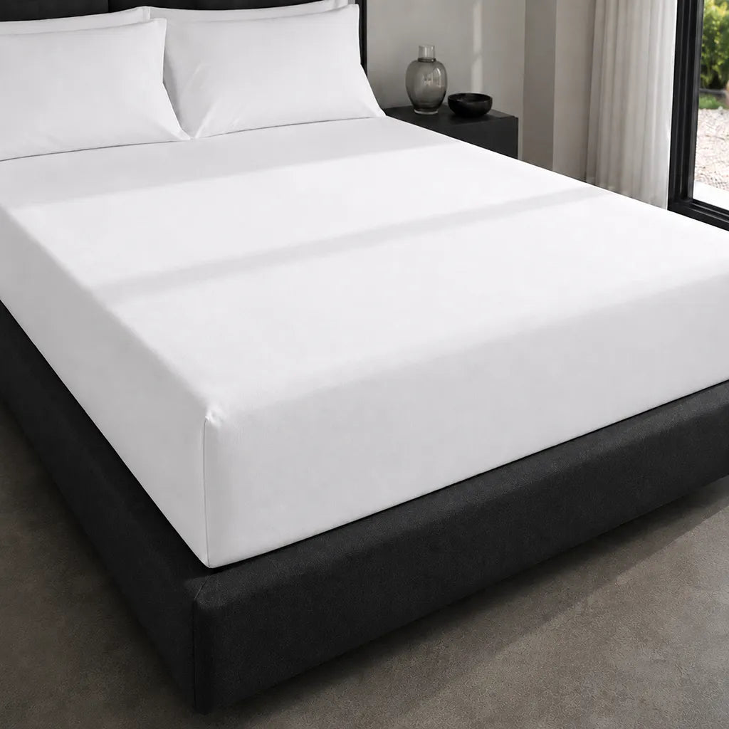White Cotton Percale 200TC Fitted Sheets on mattress - Linen and Co