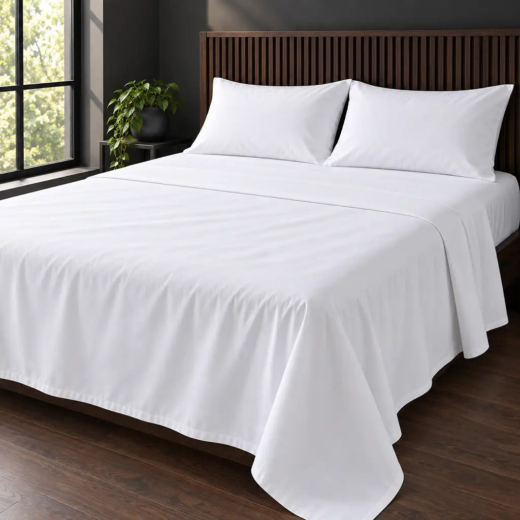 white cotton percale 200tc flat sheet, plain no satin stitch — hero — Linen and Co