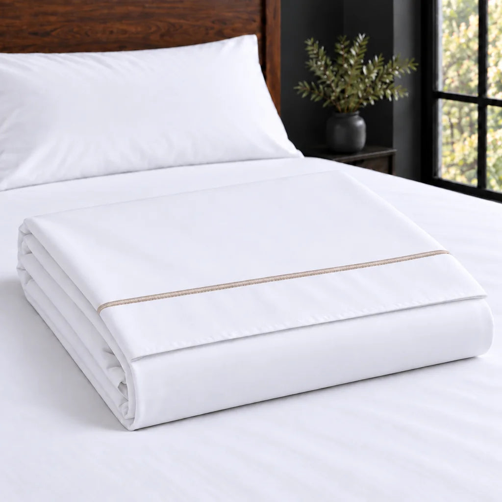 white cotton percale 200tc flat sheet, one row stone satin stitch — construction — Linen and Co
