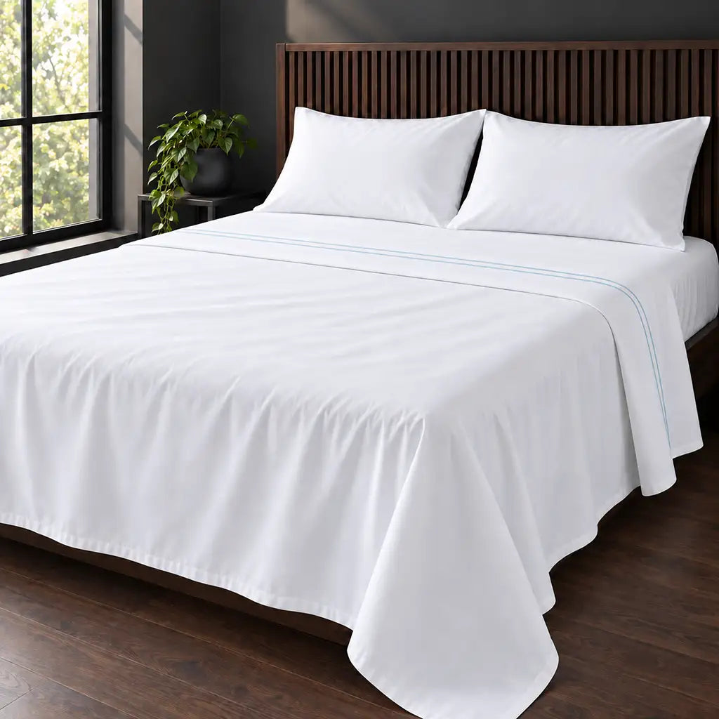 white cotton percale 200tc flat sheet, two row duck egg satin stitch — hero — Linen and Co