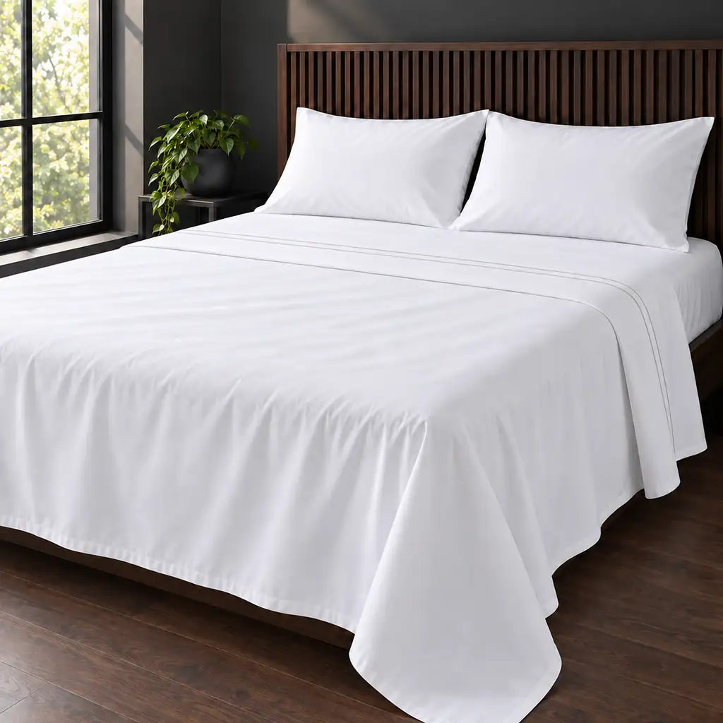 white cotton percale 200tc flat sheet, two row grey satin stitch — hero — Linen and Co